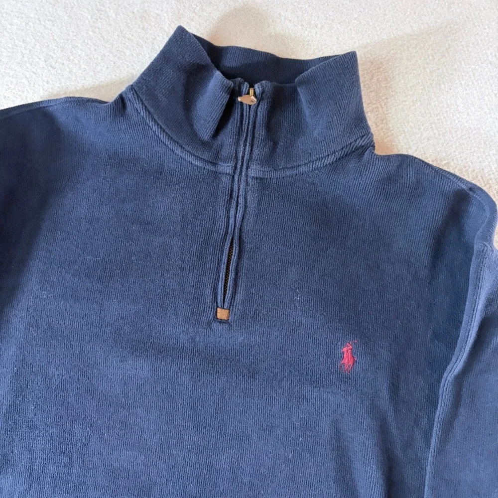 Polo Ralph Lauren Mens Large Navy Blue 100% Cotton Quarter Zip Pullover Sweater
